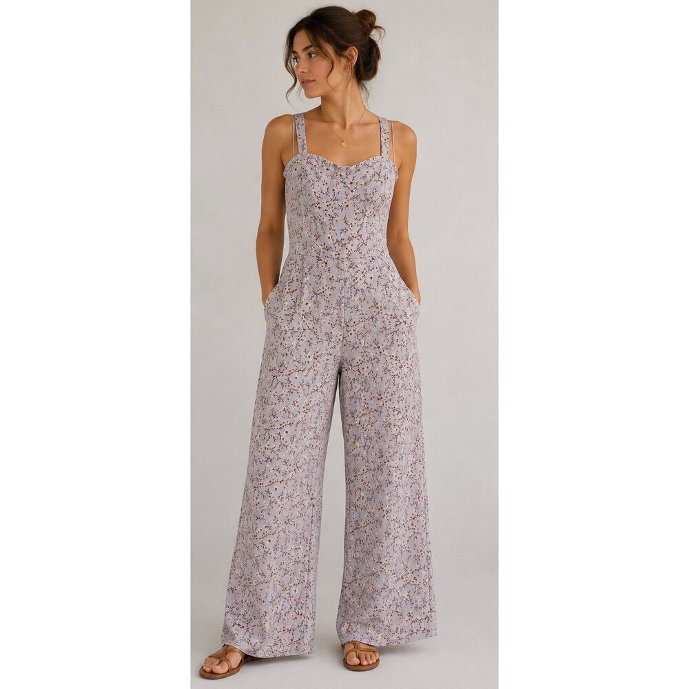 1.State Lavender Floral Wide Leg Jumpsuit Tie Back Open Back Pockets Size 4
